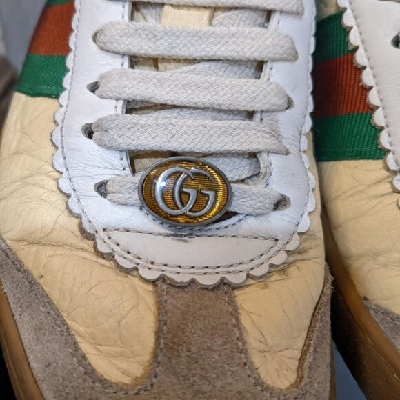 Gucci | Women's Yellow Leather Sneakers With Web G74 - Picture 13 of 16